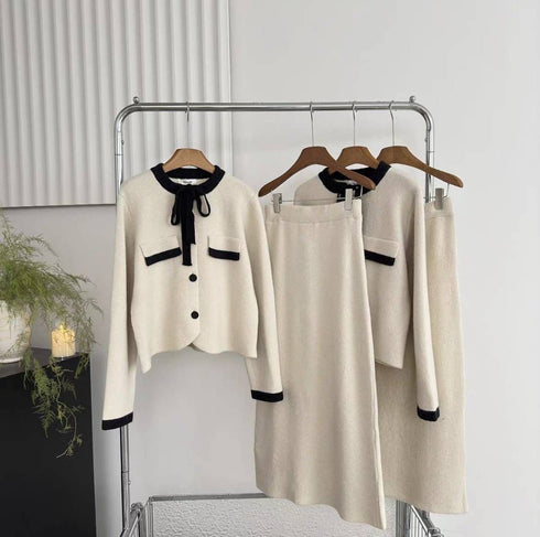 Premium Ribbon Collar Soft Sweater With Skirts Sets
